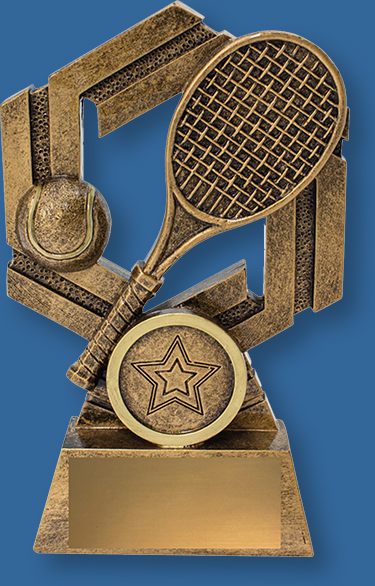 Bronze Tennis Trophy Generic resin. Displays iconic tennis ball and racquet on hexagonal background.