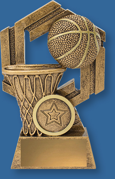 Basketball Trophy Generic Resin. Redux Series. Basketball trophies with ball and backboard detail in traditional antique gold. Engraving plate.