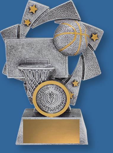 Astro Series. Basketball trophies gold stars swirl backdrop detailing antique silver ball and posts with gold trim stars.