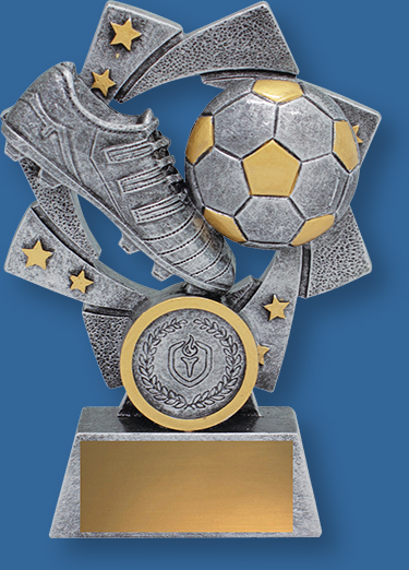 Silver and gold football trophies feature iconic elements of ball and boot.