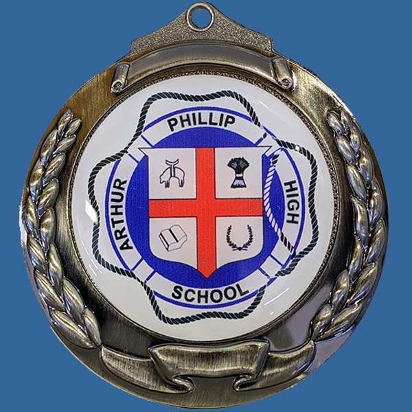 Banner Wreath Design Silver 70mm Diameter Medal 50mm Custom Insert included Neck Ribbon included Can be engraved to back