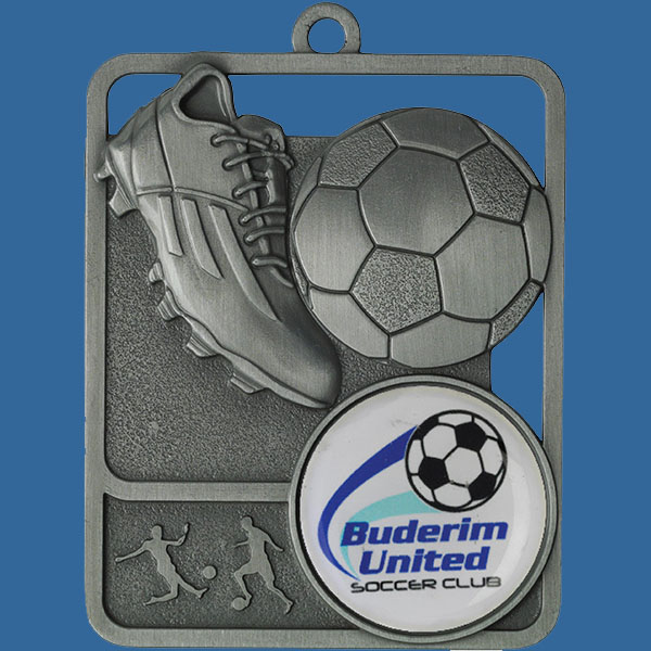 Football Rosetta Series Medal, Rectangle Shape Antique Silver 62mm height x 50mm width, Neck Ribbon included, Can be engraved to back