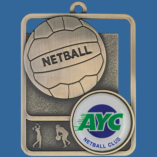 Netball Rosetta Series Medal, Rectangle Shape Antique Gold 62mm height x 50mm width, Neck Ribbon included, Can be engraved to back