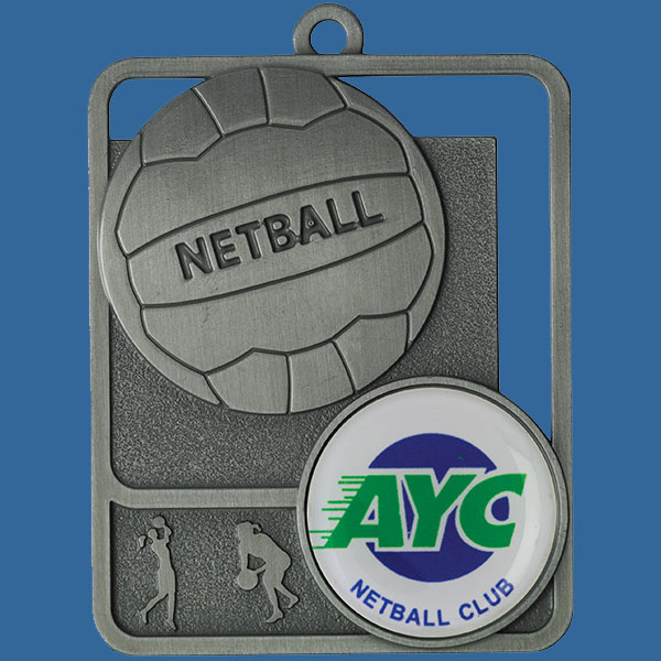 Netball Rosetta Series Medal, Rectangle Shape Antique Silver 62mm height x 50mm width, Neck Ribbon included, Can be engraved to back