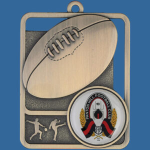 Aussie Rules Rosetta Series Medal, Rectangle Shape Antique Gold 62mm height x 50mm width, Neck Ribbon included, Can be engraved to back
