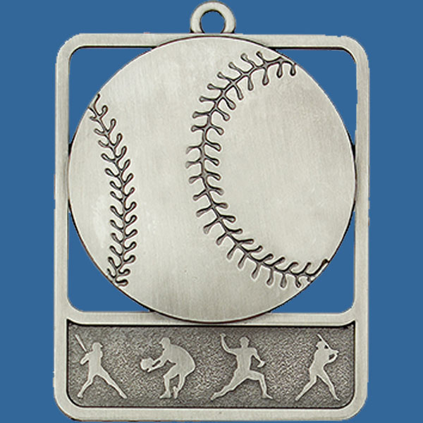 Baseball Rosetta Series Medal, Rectangle Shape Antique Silver 62mm height x 50mm width, Neck Ribbon included, Can be engraved to back