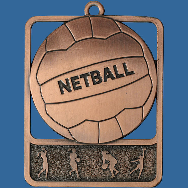 Netball Rosetta Series Medal, Rectangle Shape Antique Bronze 62mm height x 50mm width, Neck Ribbon included, Can be engraved to back