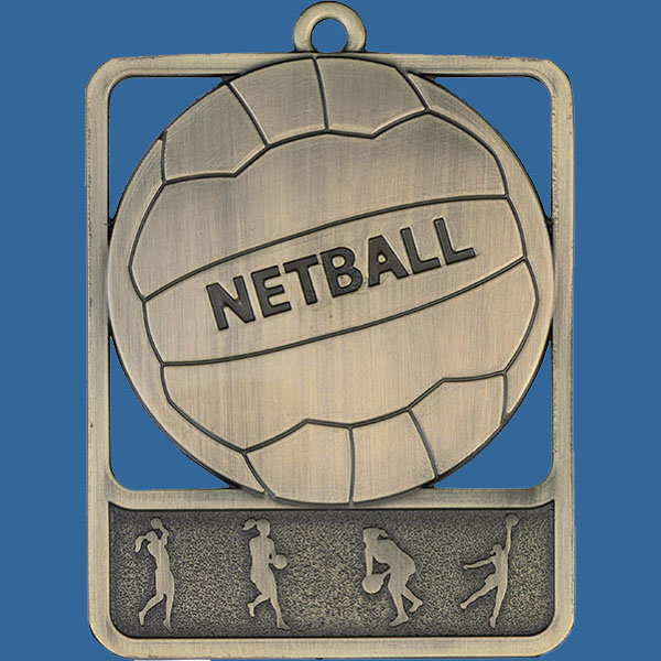 Netball Rosetta Series Medal, Rectangle Shape Antique Gold 62mm height x 50mm width, Neck Ribbon included, Can be engraved to back