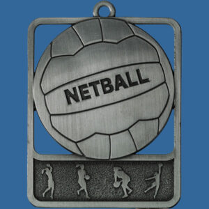 Netball Rosetta Series Medal, Rectangle Shape Antique Silver 62mm height x 50mm width, Neck Ribbon included, Can be engraved to back