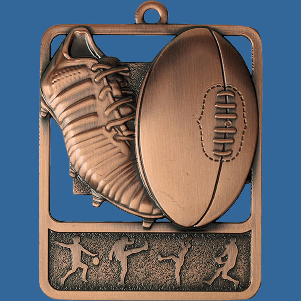 Aussie Rules Rosetta Series Medal, Rectangle Shape Antique Bronze 62mm height x 50mm width, Neck Ribbon included, Can be engraved to back. Themed Medal Boot and Ball.