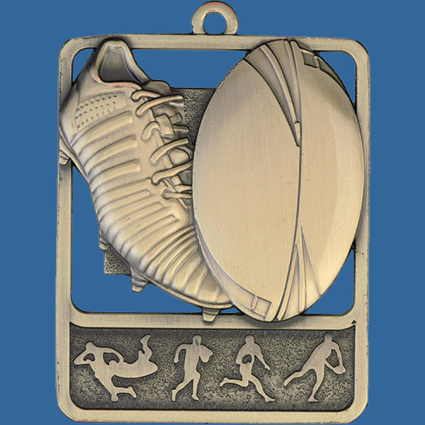 Rugby Rosetta Series Medal, Rectangle Shape Antique Gold 62mm height x 50mm width, Neck Ribbon included, Can be engraved to back. Medal Themel Boot and Ball detail.