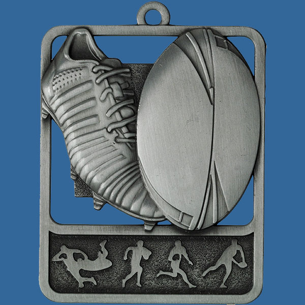 Rugby Rosetta Series Medal, Rectangle Shape Antique Silver 62mm height x 50mm width, Neck Ribbon included, Can be engraved to back. Medal Theme Boot and Ball detail.