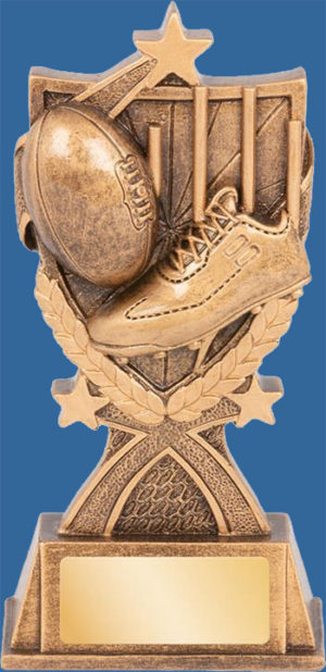 Australian Rules Trophy Generic Resin. Kona Series. Antique Bronze with gold shade detailing boot, ball, posts and engraving plate