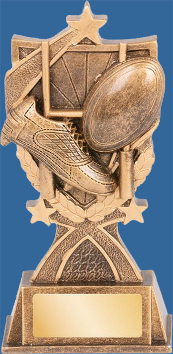 Rugby Trophy Generic Resin. Kona Series. Antique Bronze with gold shade detailing boot, ball, posts and engraving plate.