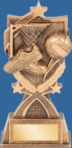 Netball Trophy Generic Resin. Kona Series. Antique Bronze with gold shade detailing boot, ball and net.