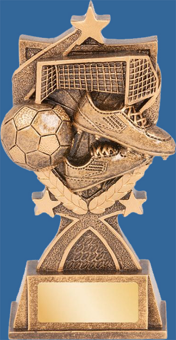 Soccer Trophy Generic Resin. Kona Series. Antique Bronze with gold shade detailing boot, ball, net and engraving plate.