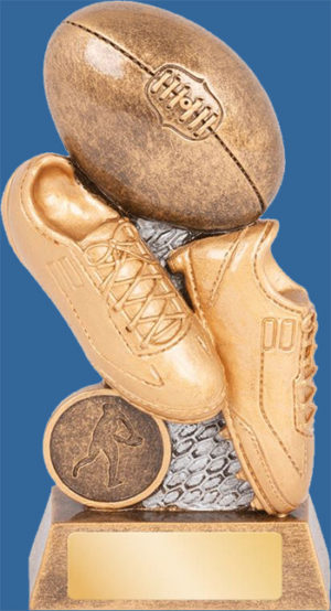 Aussie Rules Trophy Generic Resin. Cyber Series. Antique Bronze with gold shade detailing boot, ball, posts and engraving plate.