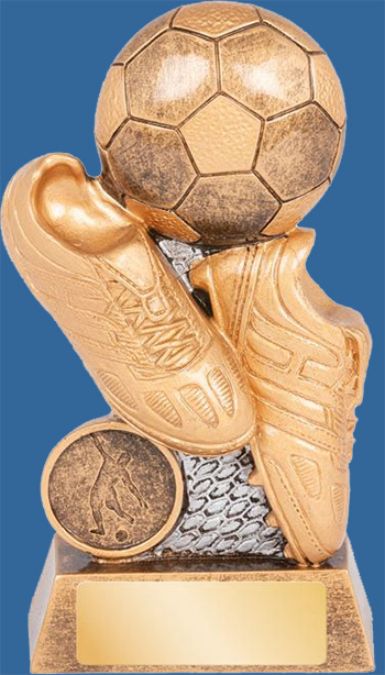 Soccer Trophy Generic Resin. Cyber Series. Antique Bronze with gold shade detailing boot, ball, posts and engraving plate.