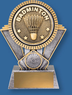 Badminton Trophy Generic Resin. Extra Heavy 3D enhanced design plus an appealing gold and silver colour combination.