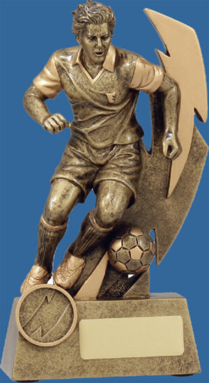 Football Trophy Male Resin. Shazam series features bronzed toned running player. Superb detail.