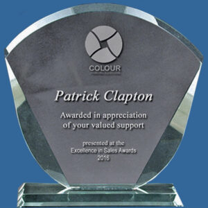 Glass Fan Award in 3 sizes, fan shape with rounded top and diagonal sides, engrave with logo and text