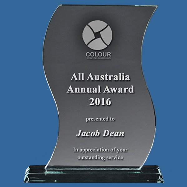 Glass Ribbon Award in 3 sizes, curved wave design, engrave with logo and text