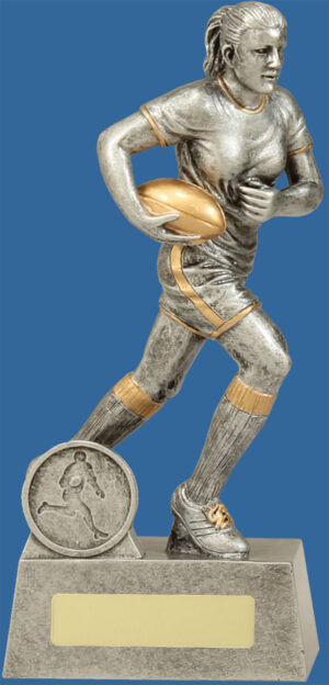 Rugby Trophy Female Resin. The Icon series for Rugby Trophies features an action rugby player sprinting and is finished in classic antique silver & gold.