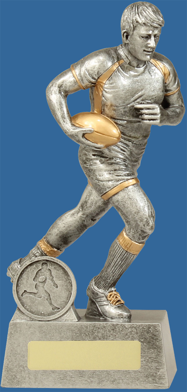 Rugby Trophy Male Resin. The Icon series for Rugby Trophies features an action rugby player sprinting and is finished in classic antique silver & gold.