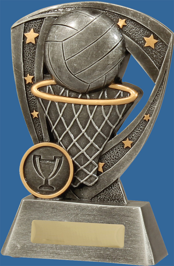 Netball Trophy Generic Resin. Pro Shield Series. A generic shield inspired theme, finished in classic antique silver. Features ball and net detail.