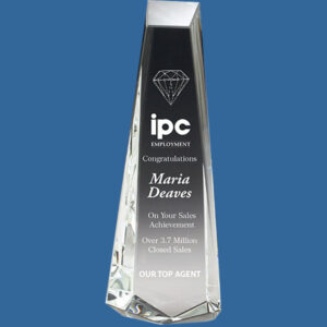 Crystal Award Plinth Style. Tall faceted crystal clear classic design. Boxed and engraved.