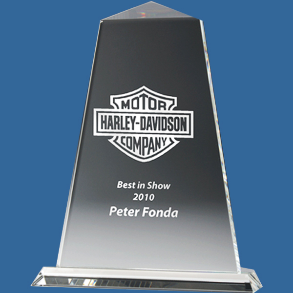Tall two piece Custom Award in clear crystal. The Tribute Award series in clear, premium crystal presents an iconic pyramid design.
