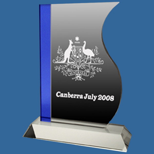 2 piece freestanding crystal award. Crystal Clear Glass Trophy with vertical left hand blue edging.