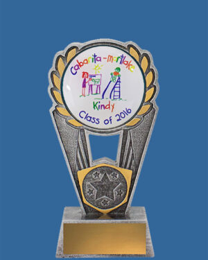 Grey with gold highlights solid resin Trophy. 50mm insert sector for standard or customised logos.