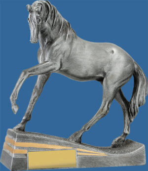 Horse Equestrian Trophy Antique Resin Pose detail. Large Horse Trophy Antique Silver with hoof raised pose.