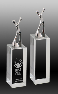 Crystal Trophy Plinth for Golf. Two Sizes with custom etching to the column face. On top of the crystal column is a schematic golfer design