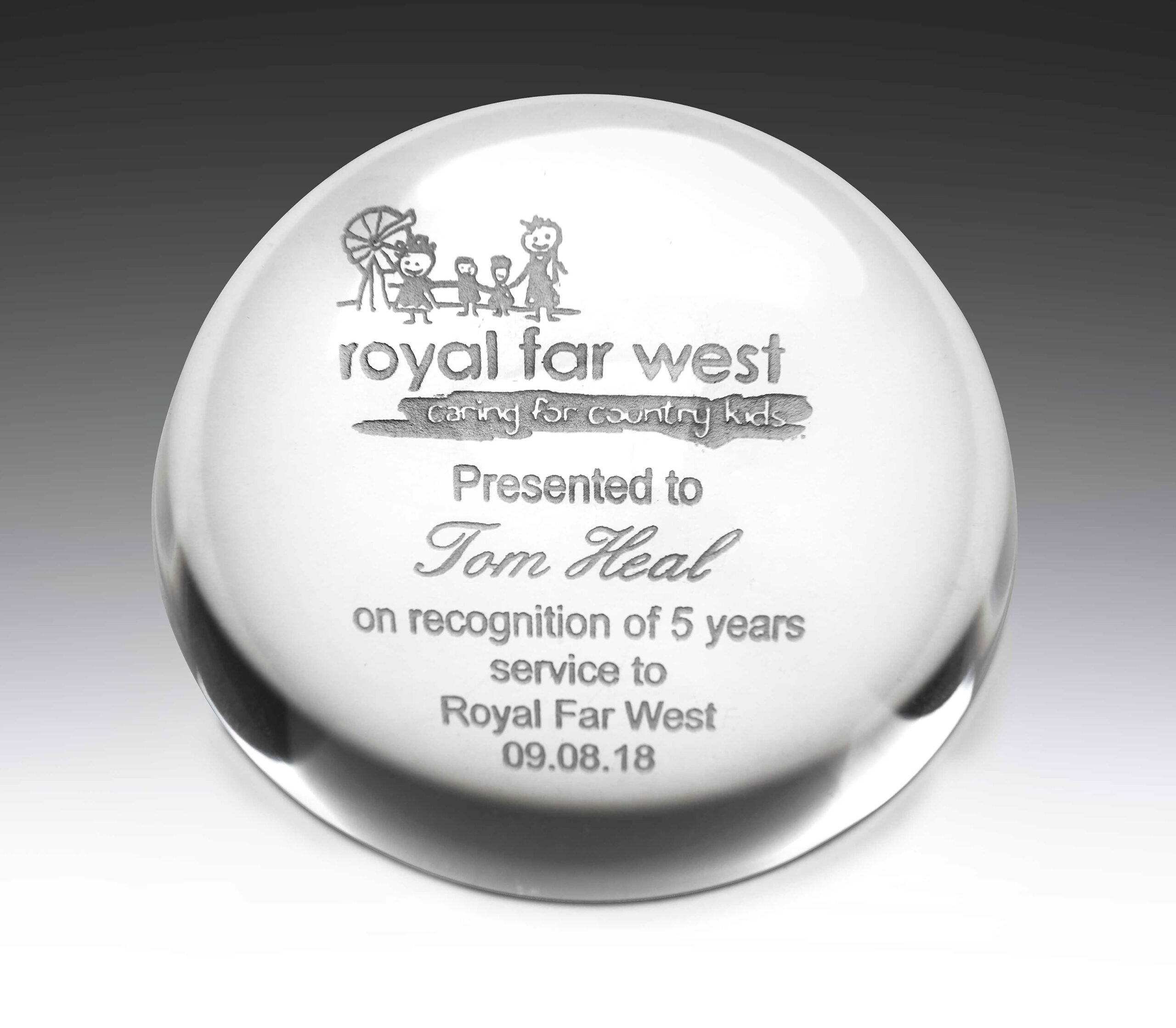 Custom Crystal Award Desk Paperweight. Domed crystal circular shape in gift presentation box.