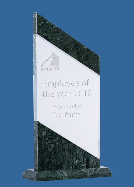 GMG01_e Angled Green Marble Clear Glass Award Trophy (10mm Thick)