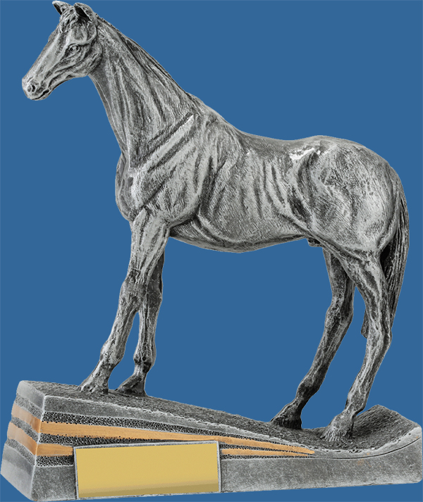 Horse Trophy Silver Resin. Alert Standing Pose. A detailed and beautifully sculptured Equestrian Trophy. No Saddle in the design.