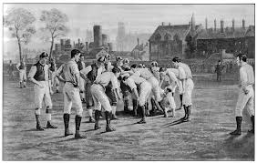 Playing with knee length pants late 19th century rugby playesrs showing wing forward standing off the scrum formation