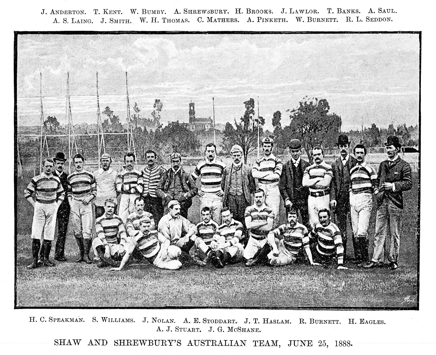 The First official British Lions Rugby Union team to tour Australia. The picture is a posed B&W photograph in 2 rows. !st squatong or inclining and the second row standing.