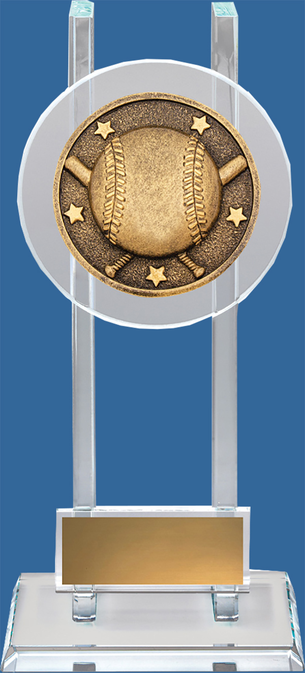 Baseball Trophy Spartan Glass Trophy. Classic tall glass clear glass Baseball Trophy, features bronze tone centre at the top with icon of crossed bats and ball.
