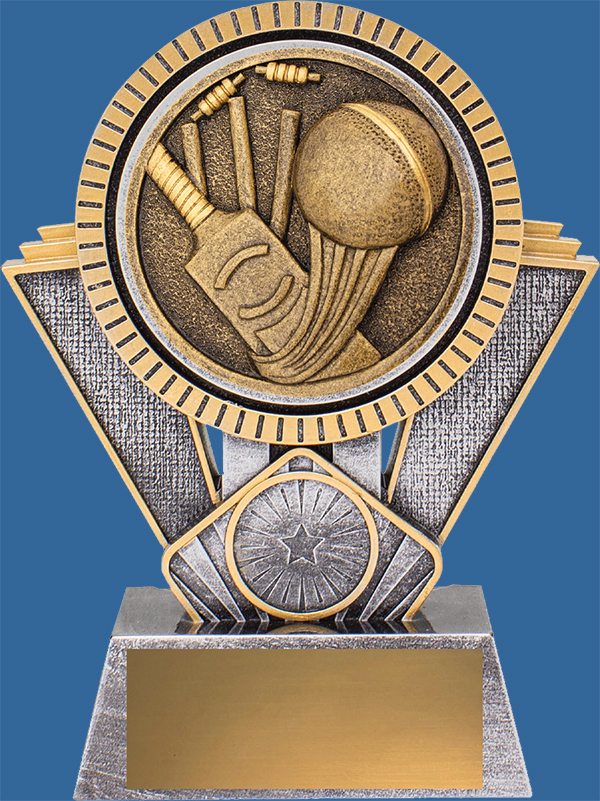 Cricket Trophies Spartan Series. This series is an antique silver and Bronze tone Award. Comes in 3 sizes and is generic in appearance. The icon detail is bat ball and stumps.