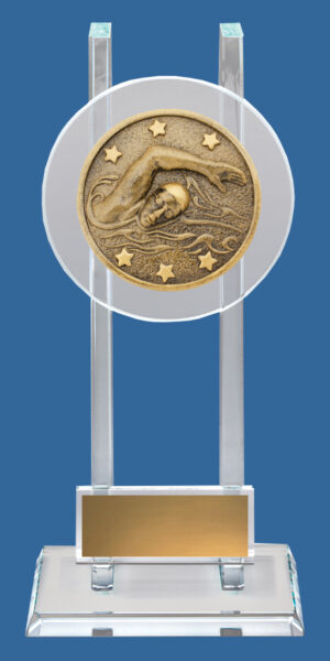 Swimming Trophies tall clear glass elite style with bronze circular swimming icon in the apex. sector