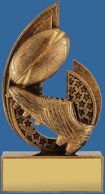 Rugby Trophy Pulse Serie. Bronze Generic Resin, with ball and boot detail. The backing is swirl to peak style with stars