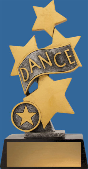 Generic style trophy with 4 stars and a ribbon. Two tones of antique silver and gild tone. A tall well designed trophy to suit all dance styles. A solid resin trophy which is economically priced