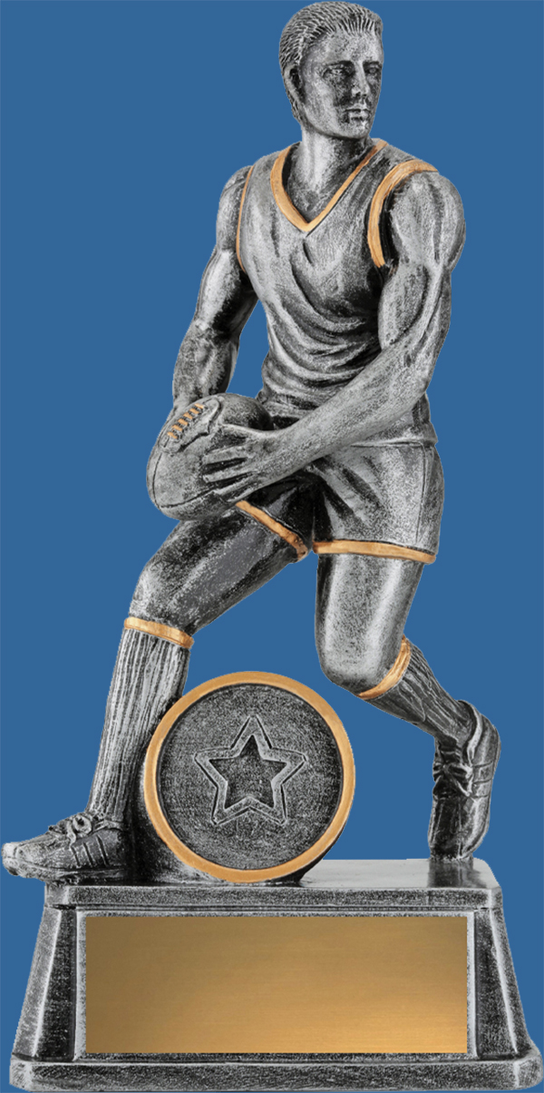 The trophy depicts a male setting to drop-punt the football. The trophy is beautifully designed and depicts an athletic study of a strong male player. The colours are antique silver and bronze trim.Australian Rules trophies. Maverick action trophy range. The ideal trophy for your top male or female player. 6 sizes in this dynamic range.