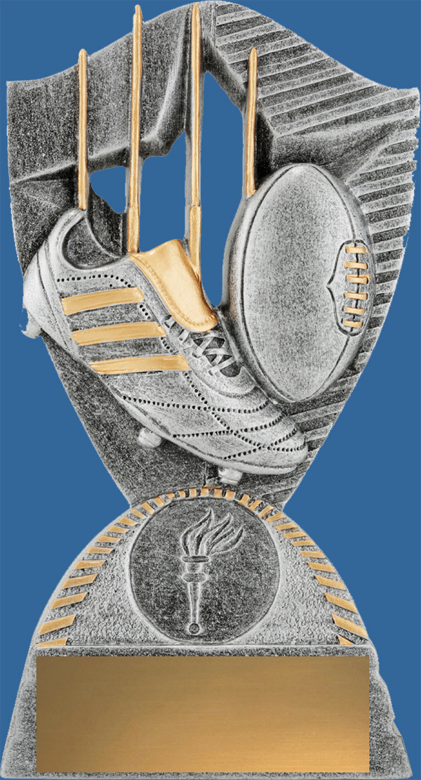 Smaller generic designed Aussie Rules trophy. The detail displays a boot and ball against a background of posts and a star. Antique silver tone with contrasting gold flashes.