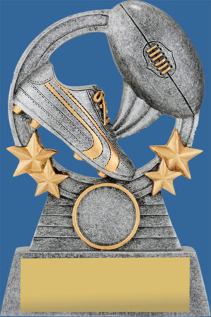 The Comet series of footy trophies feature iconic boot & ball elements. Elegant antique silver with gold star backdrop. Room for a 25mm club insert