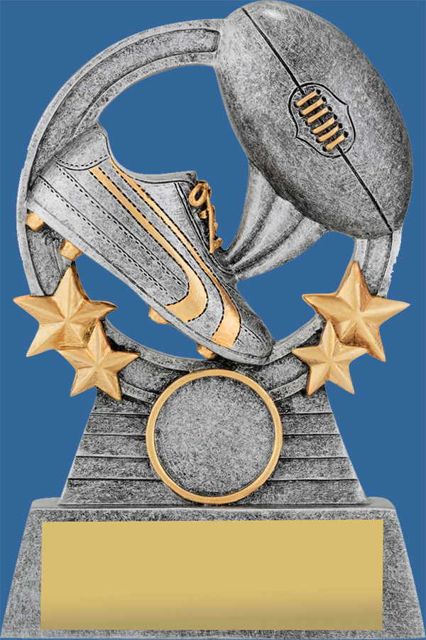 The Comet series of footy trophies feature iconic boot & ball elements. Elegant antique silver with gold star backdrop. Room for a 25mm club insert