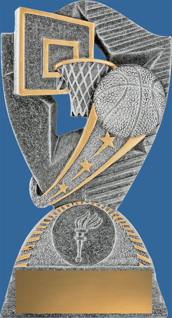 Smaller generic Basketball trophy. The detail displays a boot and ball against a background of posts and a star. Antique silver tone with contrasting gold flashes.